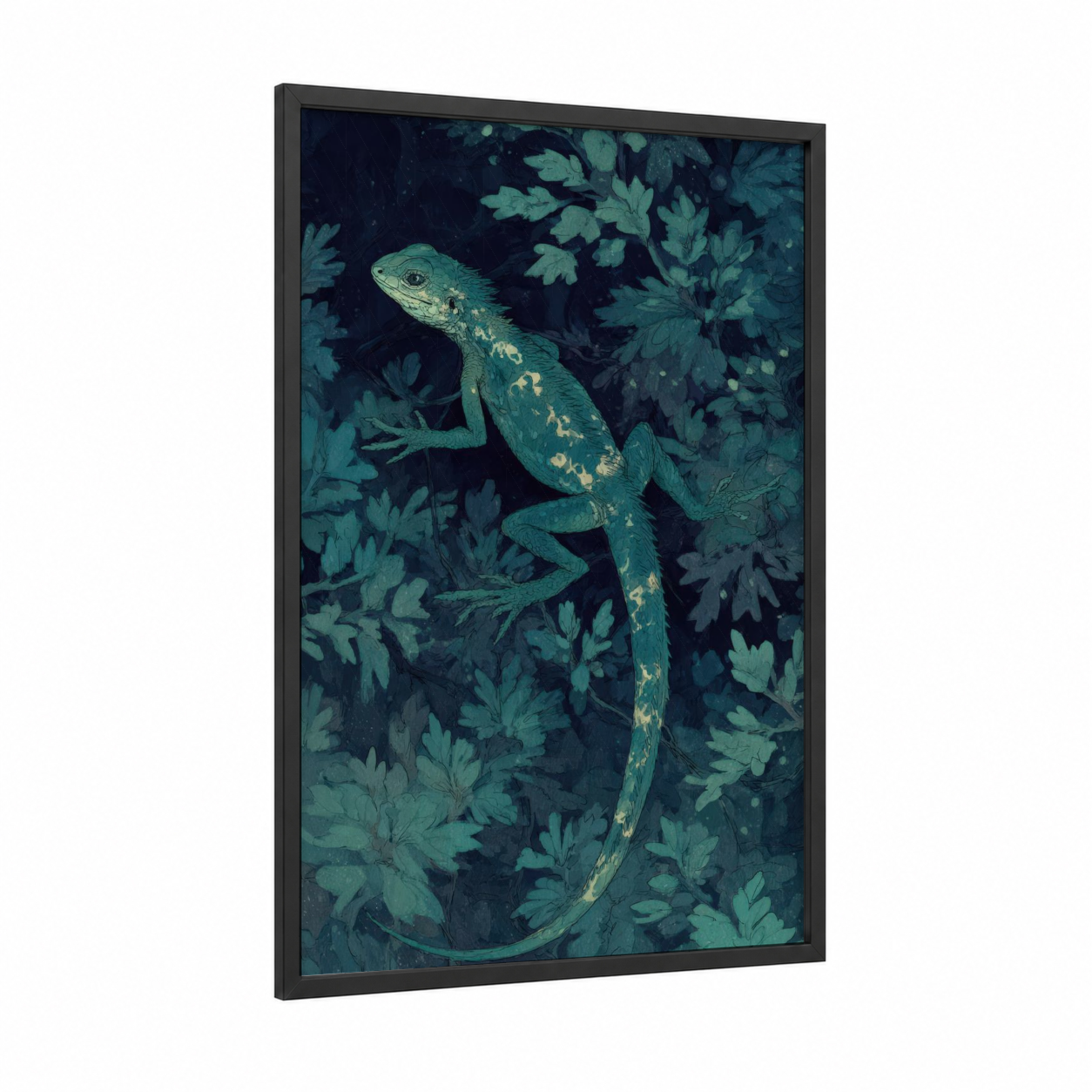 Emerald Basilisk framed art print — black wood frame — teal and gold palette