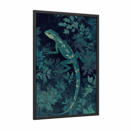 Emerald Basilisk framed art print — black wood frame — teal and gold palette