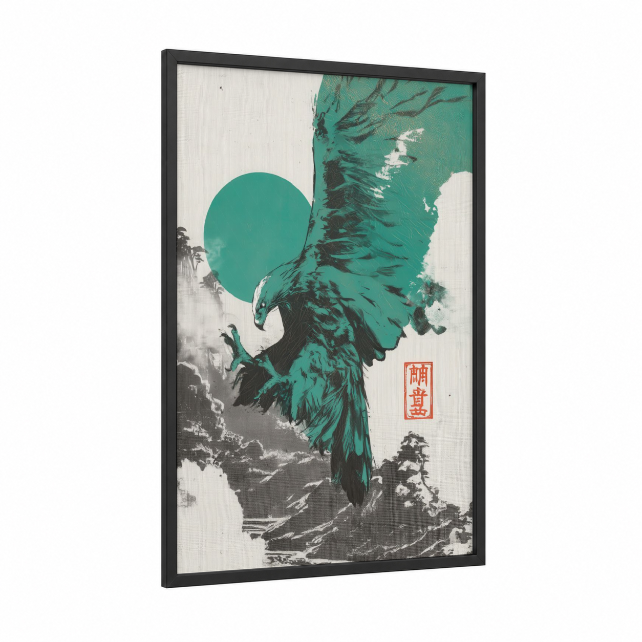 Emerald Eagle Rising framed art print — black wood frame — teal and black and white palette
