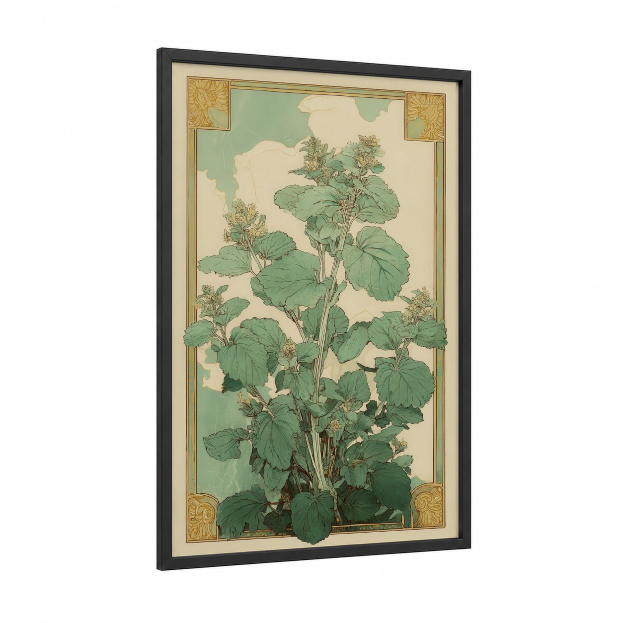 Botanical Herb Study framed herbs print — black wood frame — light green and cream palette