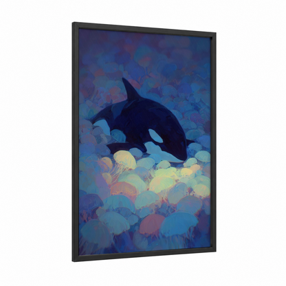 Luminous Orca framed orca whale print — black wood frame — blue and gold palette
