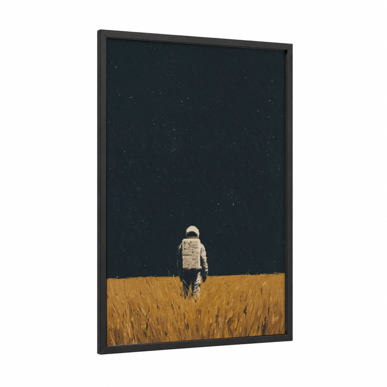 Starfield Astronaut framed art print — black wood frame — dark blue and yellow gold palette