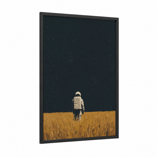 Starfield Astronaut framed art print — black wood frame — dark blue and yellow gold palette