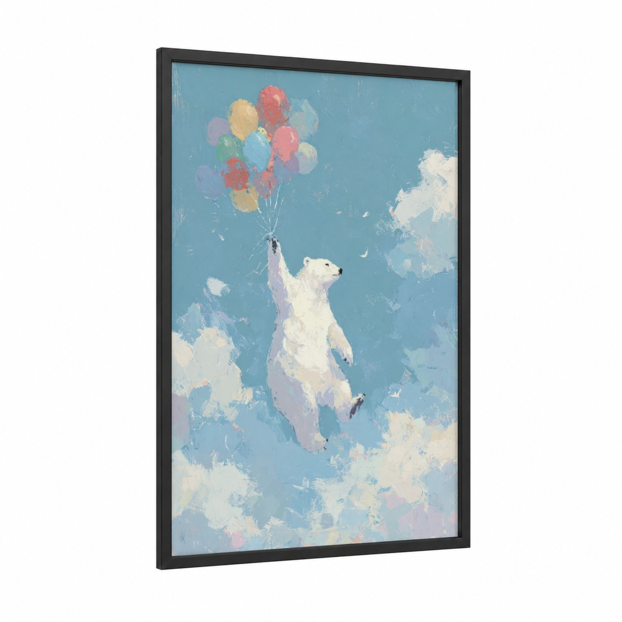 Dreaming Polar Bear framed art print — black wood frame — blue and pink palette