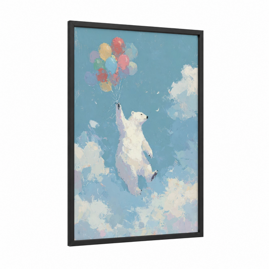 Dreaming Polar Bear framed art print — black wood frame — blue and pink palette