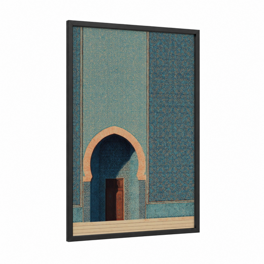 Arched Mosque Entrance framed art print — black wood frame — teal and gold and white palette