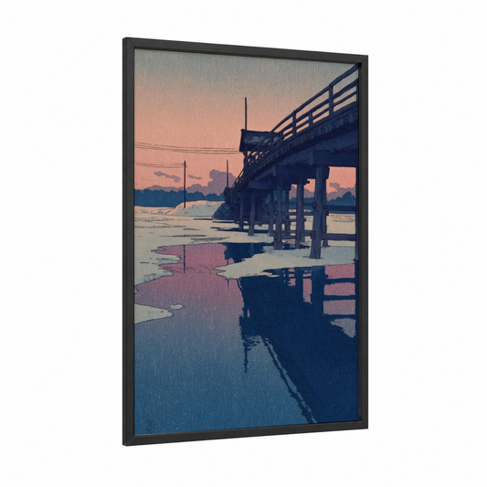 Frozen Dock Reflection framed winter print — black wood frame — blue and pink palette