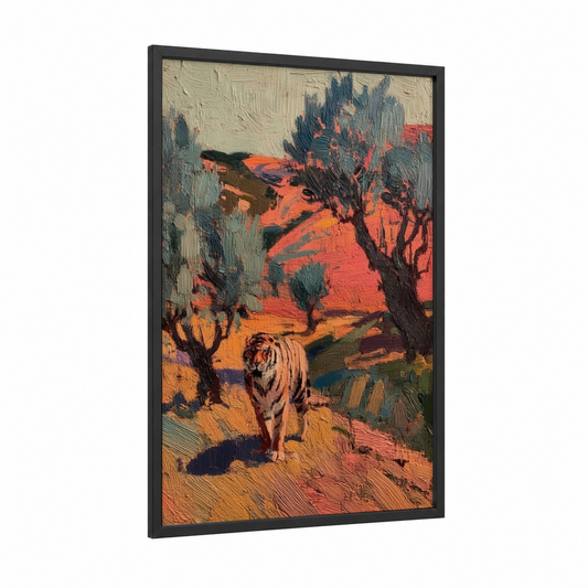 Sunset Tiger framed art print — black wood frame — orange and gold palette