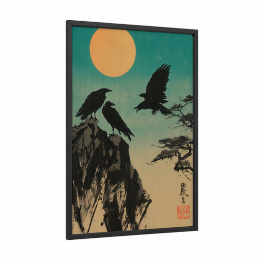 Sunset Ravens framed crows and ravens print — black wood frame — teal and gold palette