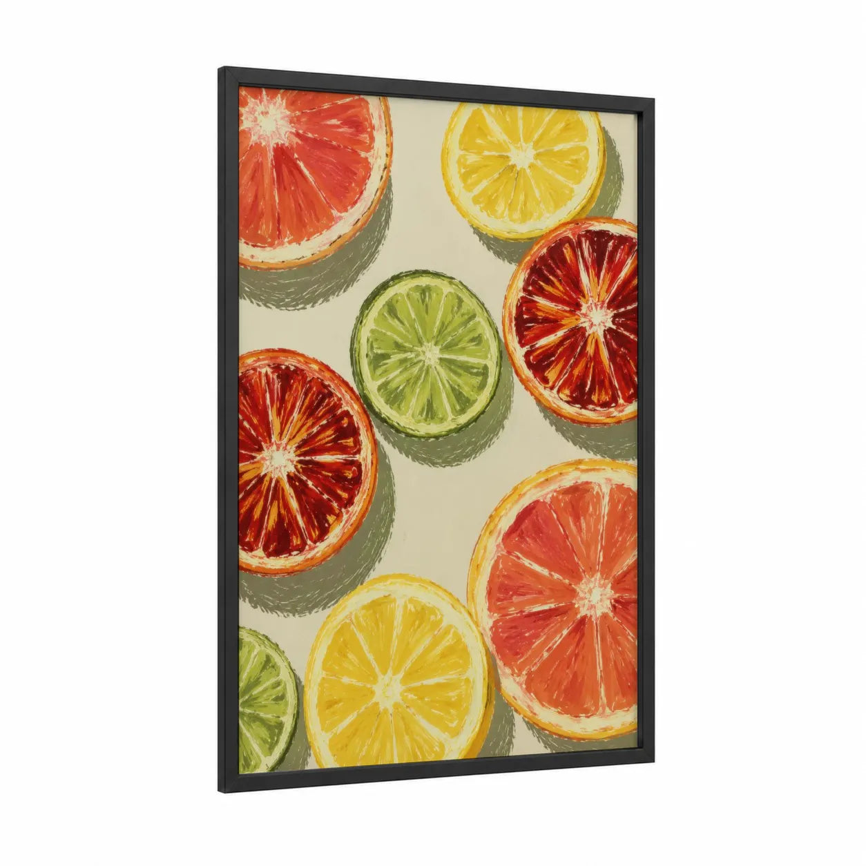 Citrus Slices Kitchen Wall Art framed fruit print — black wood frame — yellow and orange palette