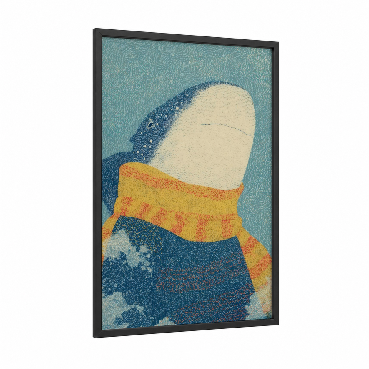 Cozy Whale Shark framed art print — black wood frame — turquoise and gold palette