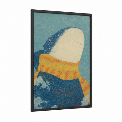 Cozy Whale Shark framed art print — black wood frame — turquoise and gold palette