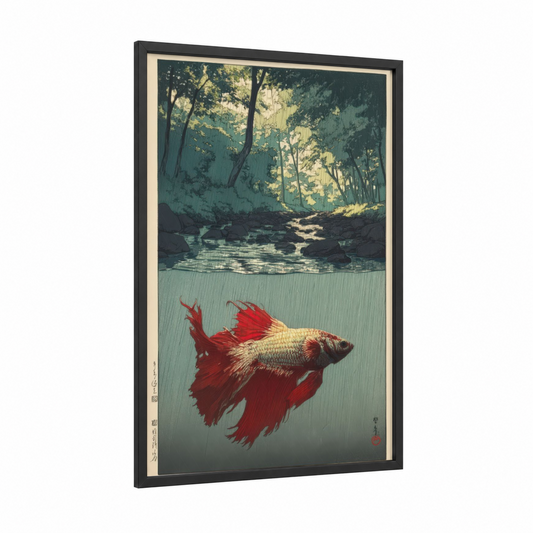 Crimson Betta Stream framed fighting fish print — black wood frame — red and teal palette