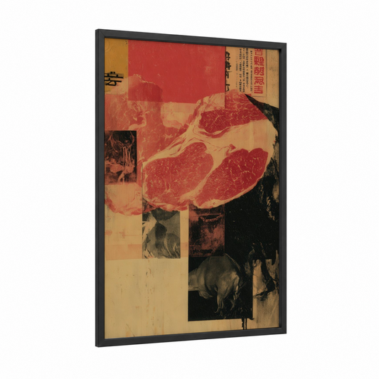 Marbled Beef Collage framed meat print — black wood frame — red and beige palette