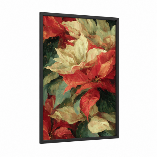 Crimson Poinsettias framed art print — black wood frame — red and cream palette
