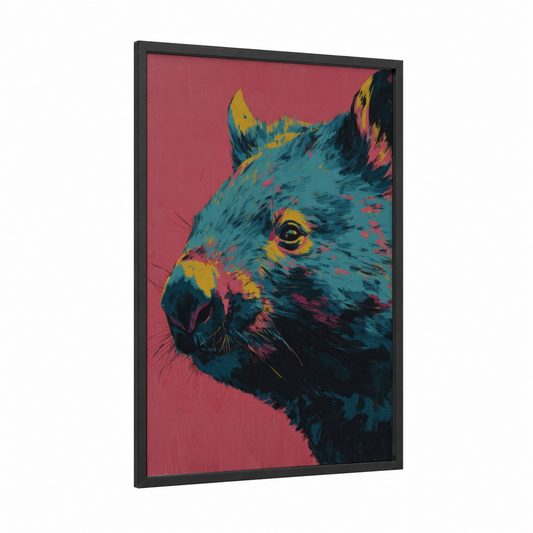 Neon Wombat Portrait framed art print — black wood frame — magenta and teal palette