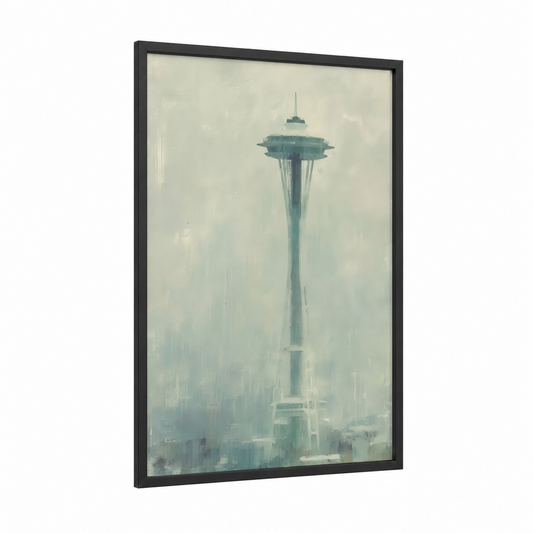Misty Seattle Tower framed space needle (seattle) print — black wood frame — gray and blue palette