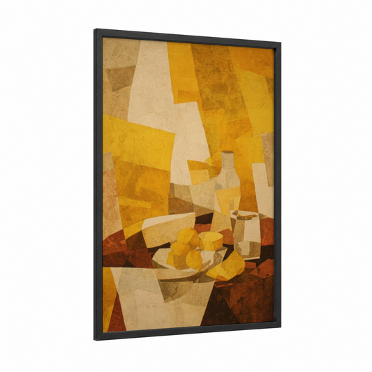 Golden Cheese Still Life framed art print — black wood frame — yellow gold and cream palette