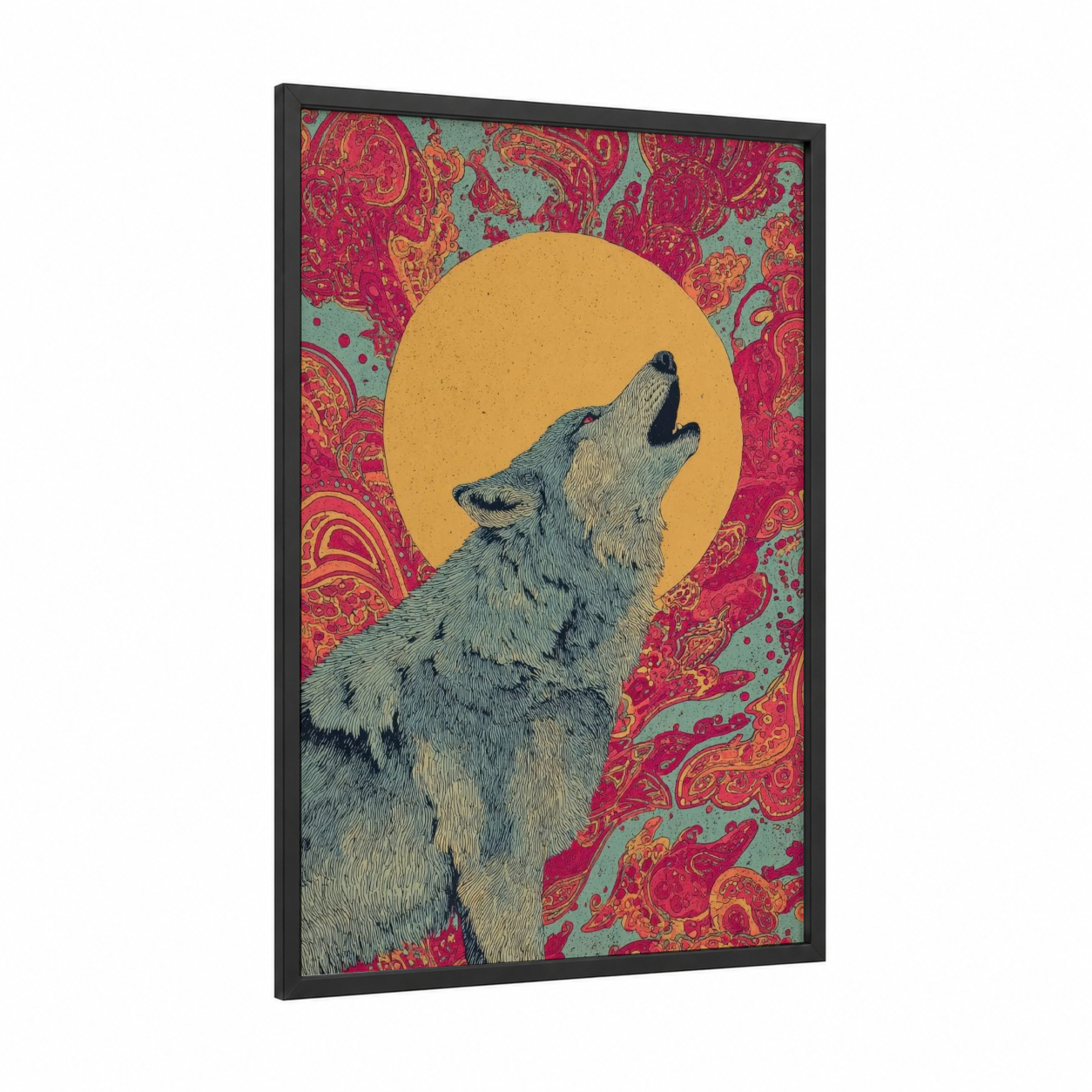 Howling Wolf Moon framed art print — black wood frame — magenta and yellow gold palette