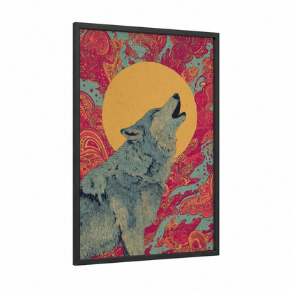 Howling Wolf Moon framed art print — black wood frame — magenta and yellow gold palette
