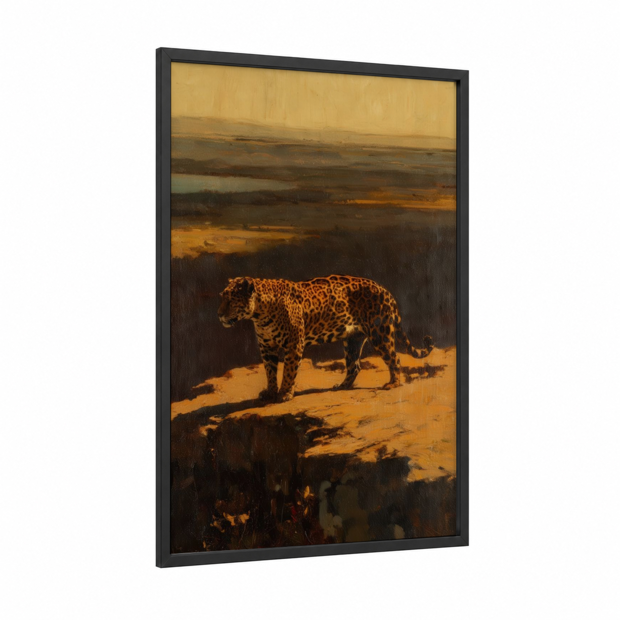 Golden Jaguar framed art print — black wood frame — gold and brown palette