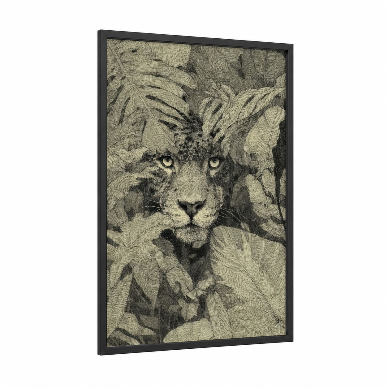 Leafy Jaguar framed art print — black wood frame — black and white and nobel palette