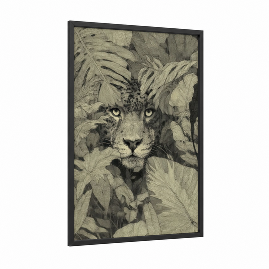 Leafy Jaguar framed art print — black wood frame — black and white and nobel palette