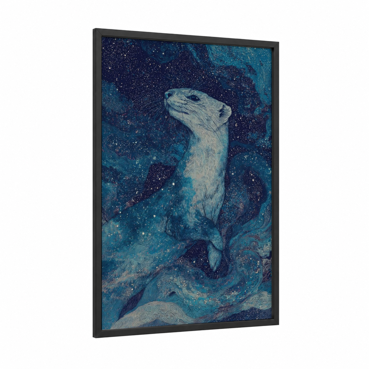 Celestial Weasel framed art print — black wood frame — dark blue and teal palette