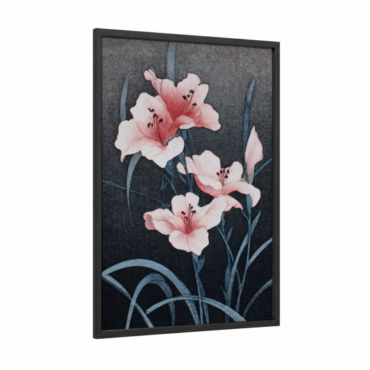 Blush Amarillys framed art print — black wood frame — pink and black palette