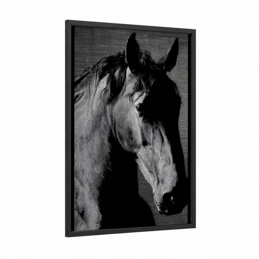 Noble Andalusian framed andalusian horse print — black wood frame — black and white palette