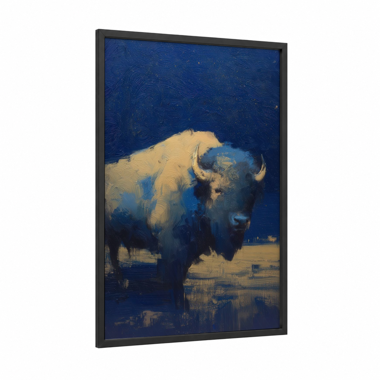 Golden Bison framed art print — black wood frame — blue and gold palette