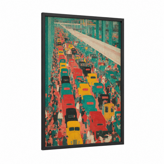 Rush Hour Vintage framed labor day print — black wood frame — red and teal palette