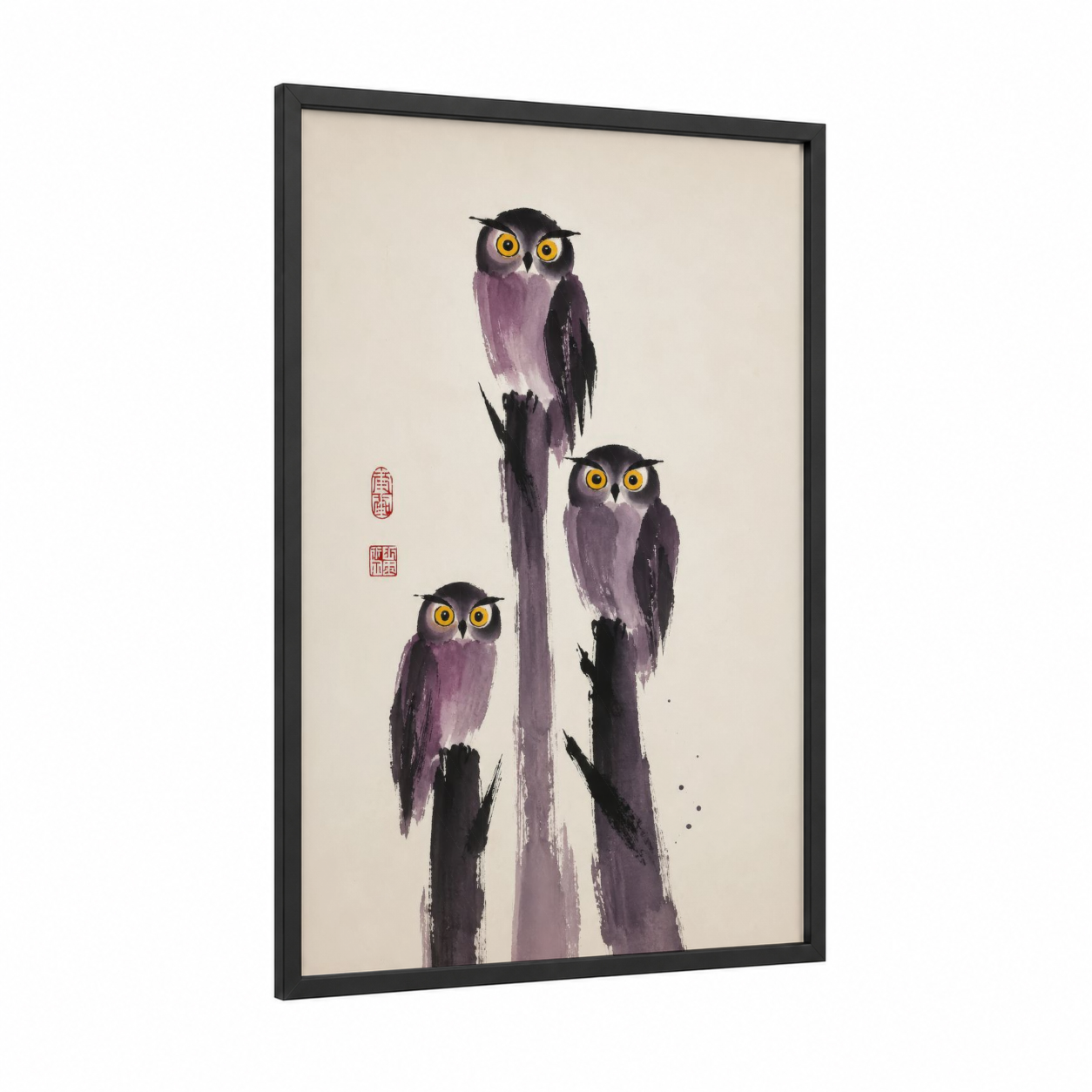 Purple Owl Trio Asian Minimalist Wall Art framed art print — black wood frame — purple and beige palette