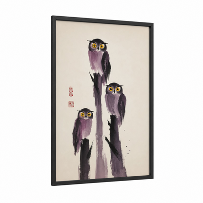 Purple Owl Trio Asian Minimalist Wall Art framed art print — black wood frame — purple and beige palette