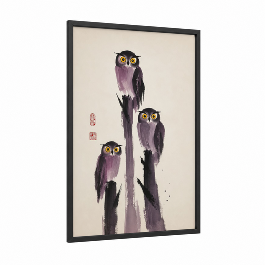 Purple Owl Trio Asian Minimalist Wall Art framed art print — black wood frame — purple and beige palette