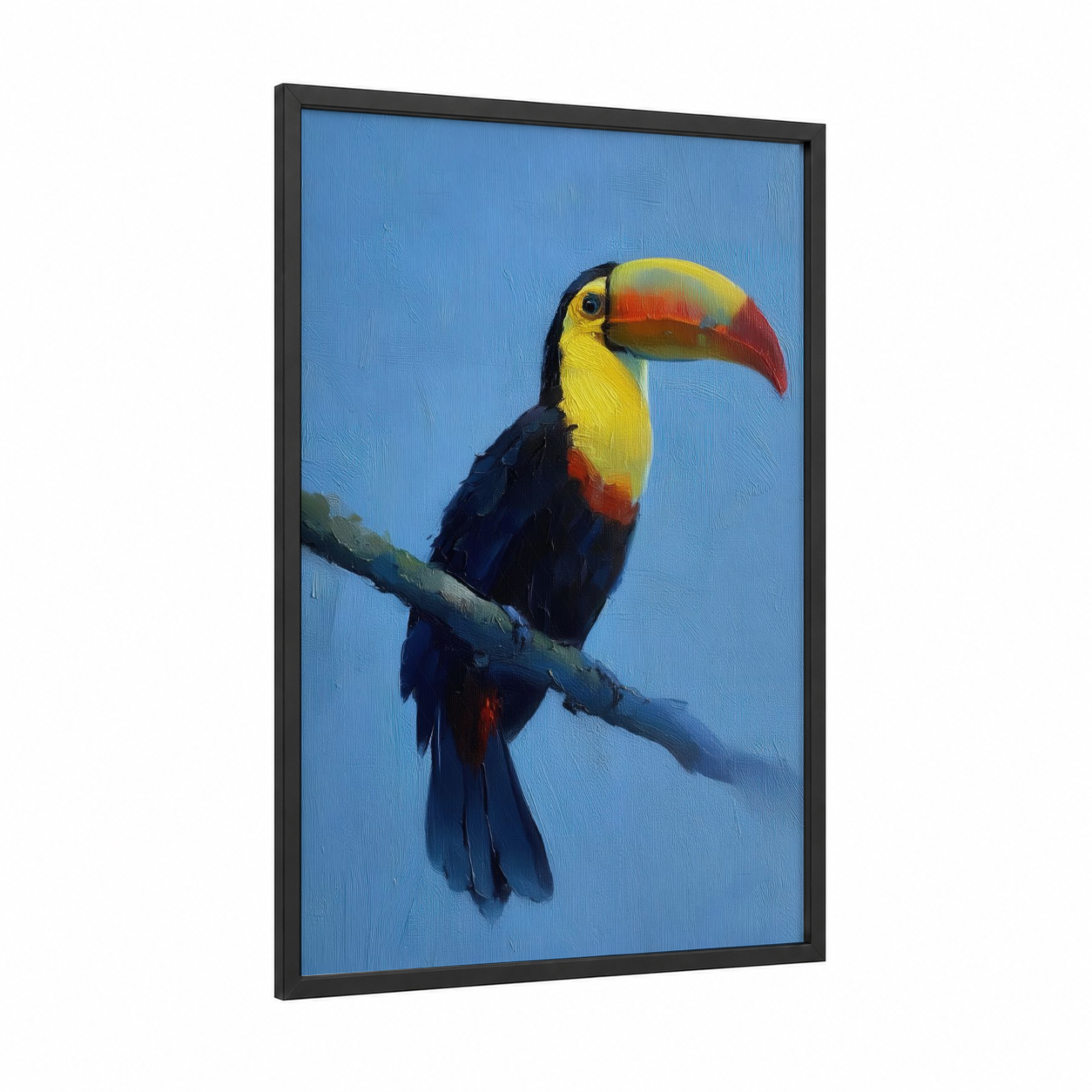 Tropical Toucan framed art print — black wood frame — blue and red palette
