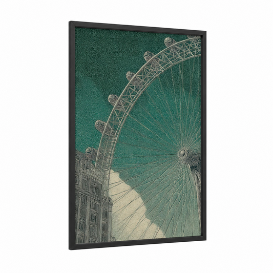 London Eye Teal framed art print — black wood frame — teal and cream palette