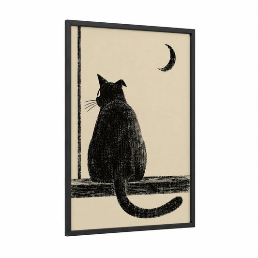 Black Cat Gazing at Moon Wall Art framed art print — black wood frame — black and white and beige palette