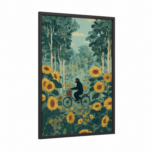 Sunflower Cyclist framed chimpanzee print — black wood frame — gold and green palette