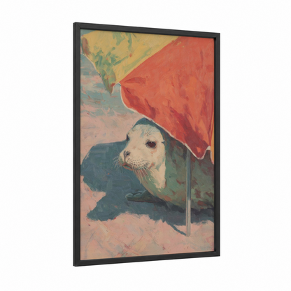 Sheltered Sea Lion framed art print — black wood frame — red and sage green palette