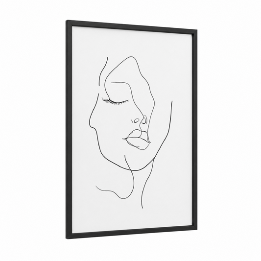 Minimalist Face Lines framed lip print — black wood frame — black and white palette