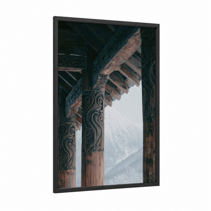 Carved Alpine Columns framed art print — black wood frame — black and white and dove gray palette