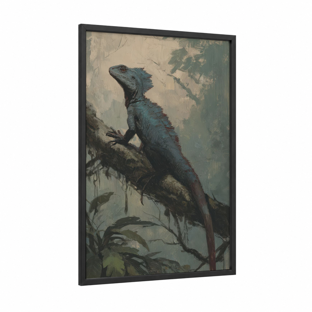 Teal Basilisk framed art print — black wood frame — teal and sage green palette