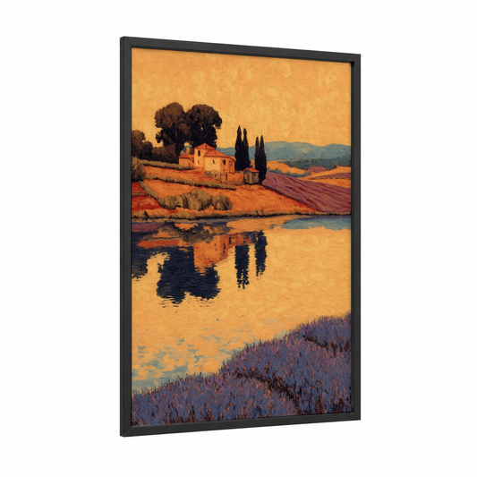 Tuscan Lake Reflection framed lakes print — black wood frame — yellow gold and orange palette