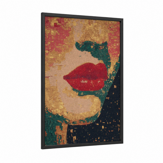 Crimson Lip Mosaic framed art print — black wood frame — red and gold palette