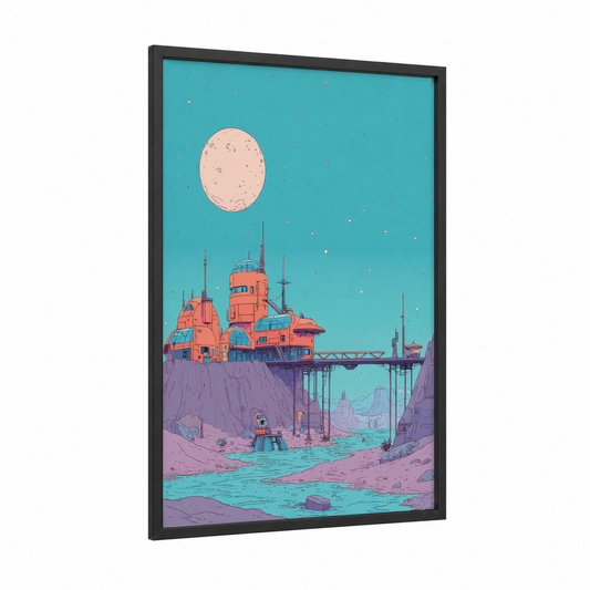Retro Space Colony framed comic books print — black wood frame — turquoise and salmon pink palette