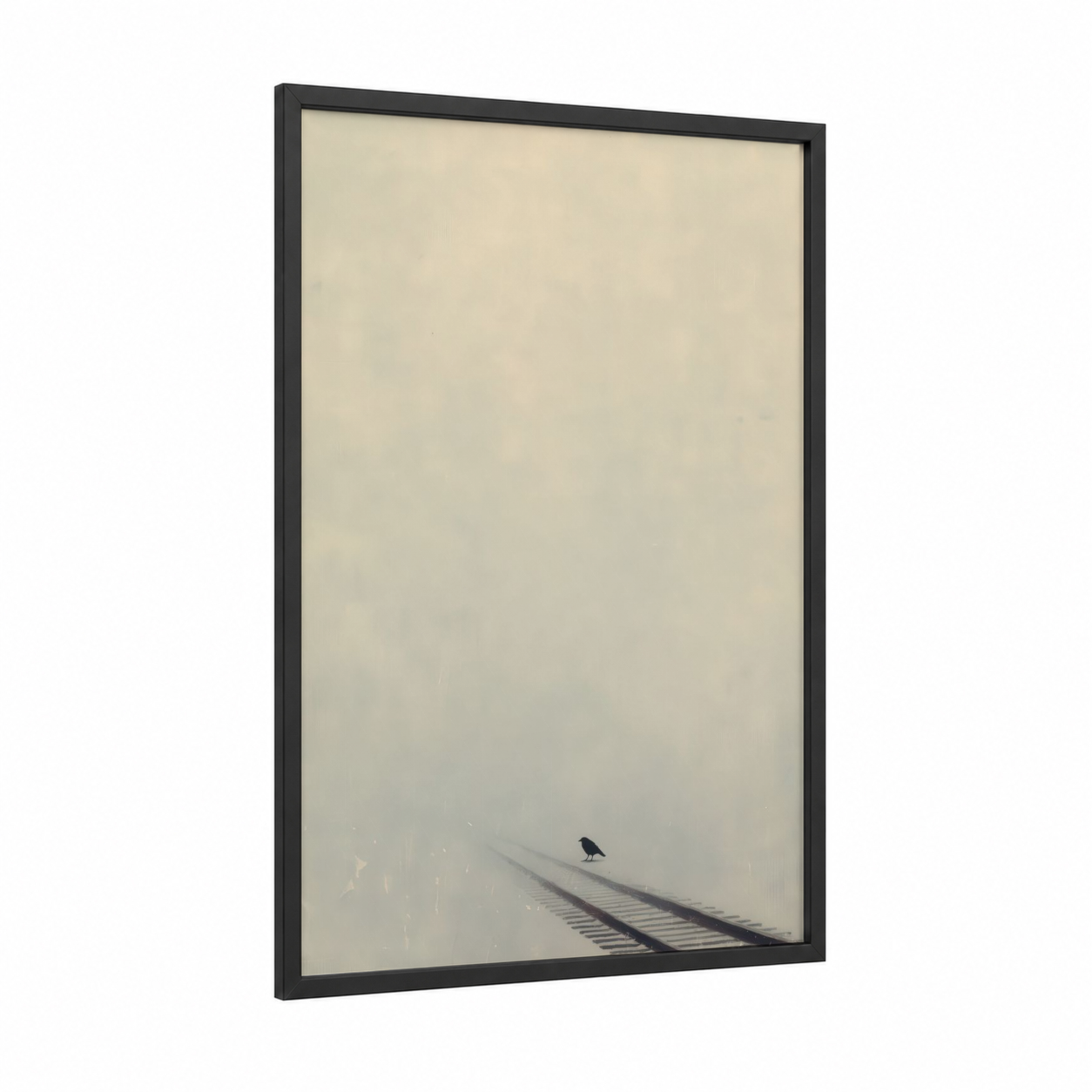 Solitary Rails Fog framed train tracks print — black wood frame — cream and dove gray palette