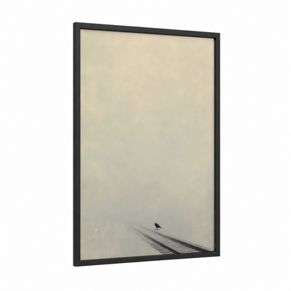Solitary Rails Fog framed train tracks print — black wood frame — cream and dove gray palette
