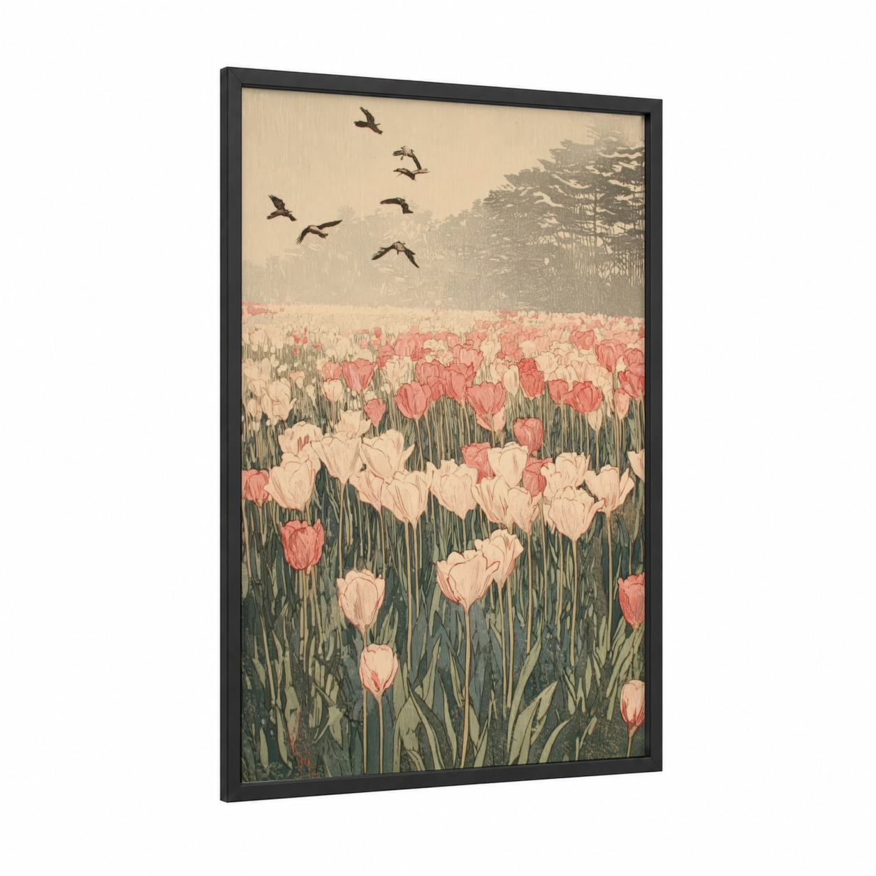 Tulip Field Flight framed flower field print — black wood frame — salmon pink and cream palette