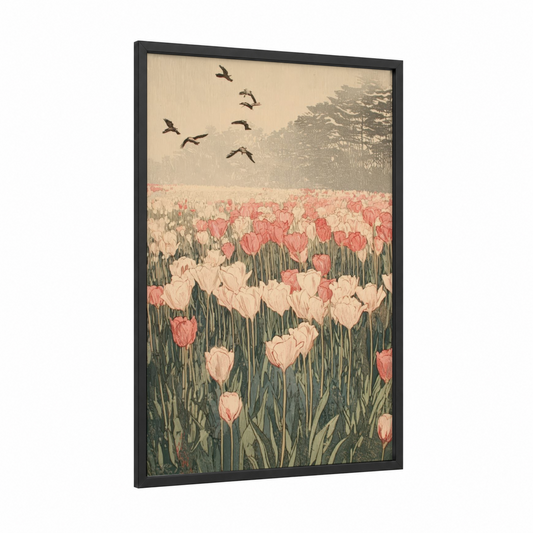Tulip Field Flight framed flower field print — black wood frame — salmon pink and cream palette